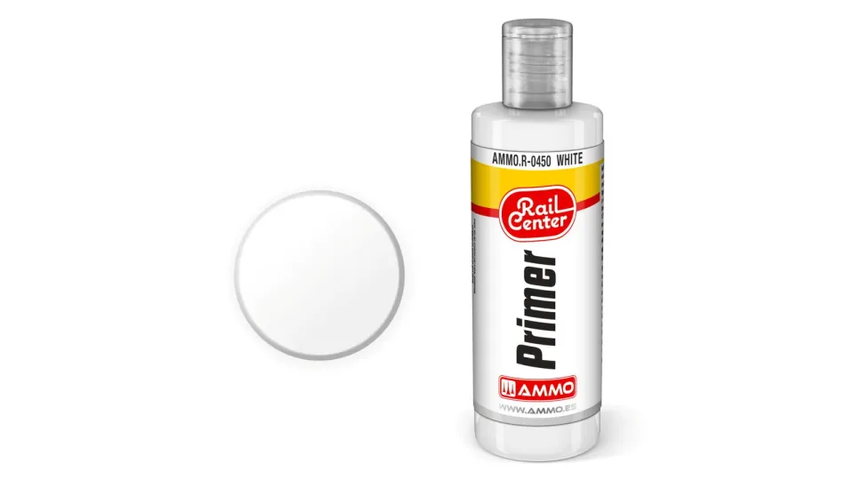 Flasche der AMMO Rail Center Primer Grundierung in Weiß mit Tropfdeckel